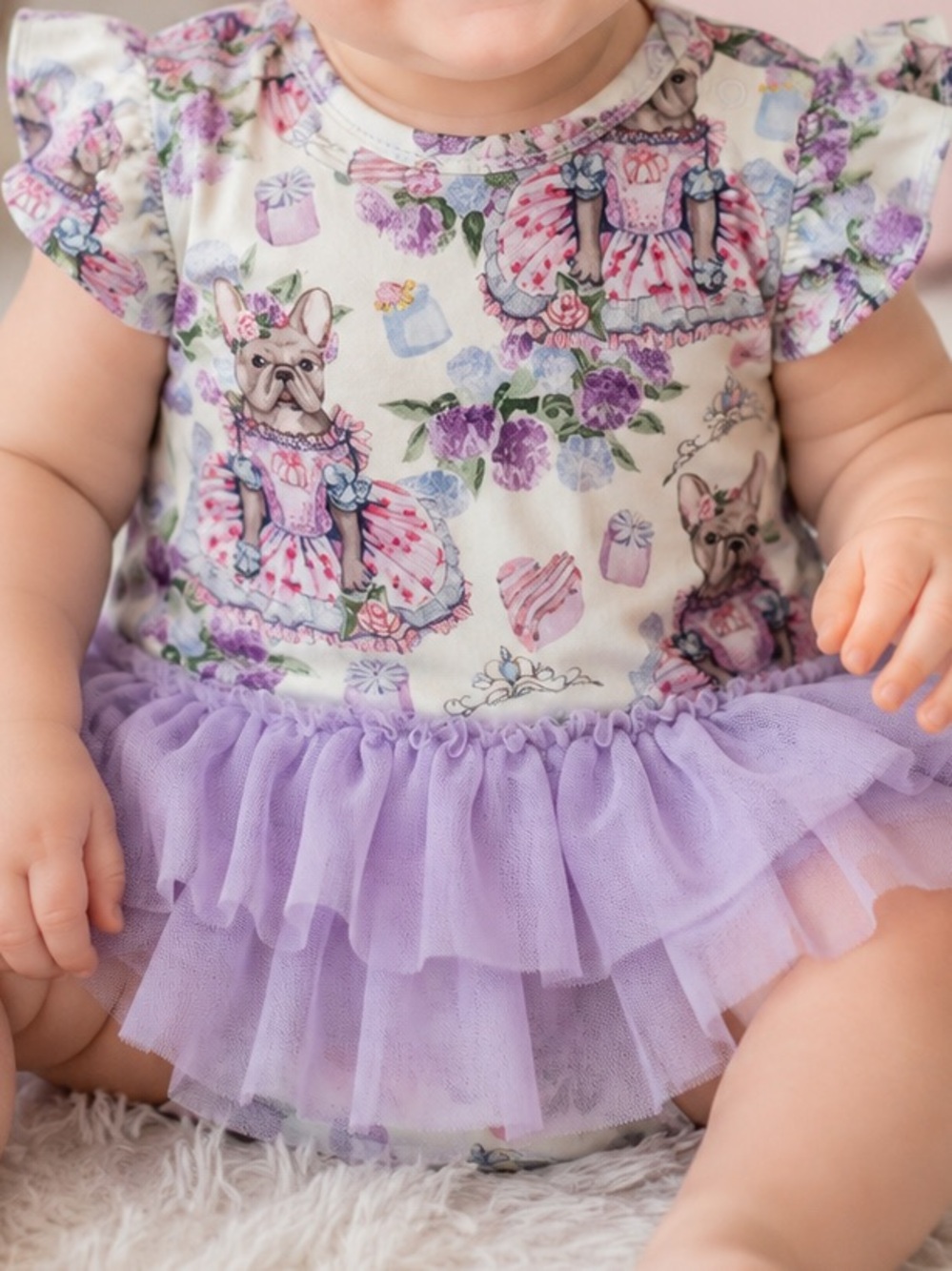 Posh Peanut Frenchie Lavender Tulle Tutu Bodysuit French Bulldog Print 6-12 mo
